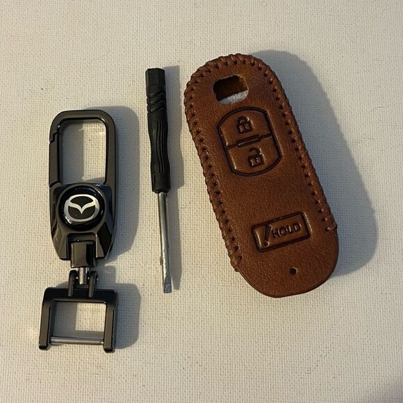 Mazda Key Fob Keychain in metal & Fob Case Cover in Brown Leather NWT - Picture 1 of 9